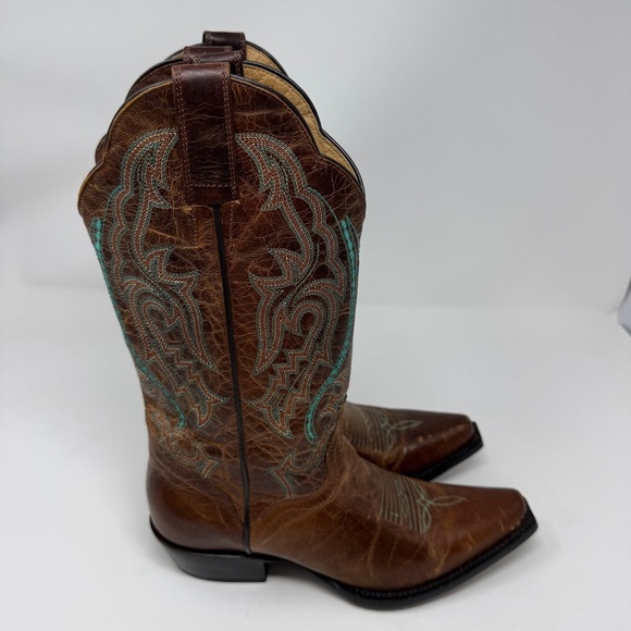 J.B. Dillion Brown with Turquoise Stitching Cowboy Boots - Picture 9 of 11